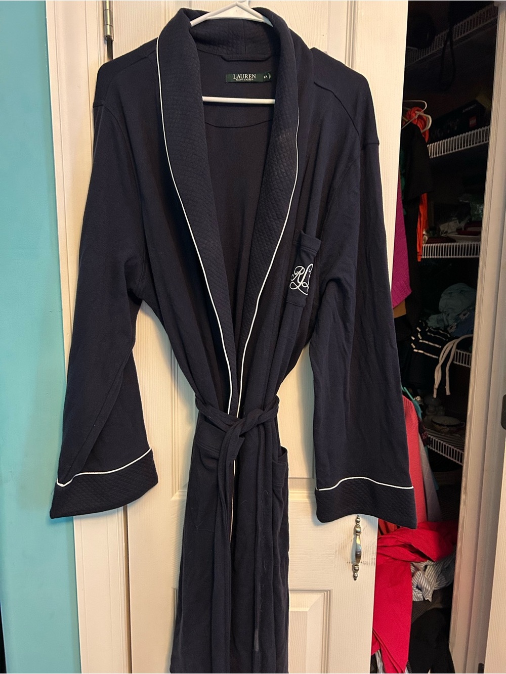 Lauren Ralph Lauren Navy Men's Shawl-Collar Robe with White Piping